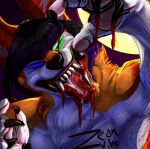  anthro blood bodily_fluids canid canine claws digital_media_(artwork) fur gore hair halloween heterochromia holidays looking_at_viewer male mammal open_mouth paws simple_background solo teeth tongue tongue_out zeonvibe 