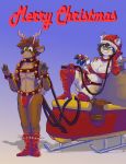  2019 absurd_res anthro antlers bell big_breastes breasts canid cervid cervine christmas cleavage clothed clothing dier_von_dan digital_media_(artwork) domestic_cat felid feline felis female fur hair hat headgear headwear helia_peppercats_(wrinklynewt) hi_res holidays horn male mammal santa_hat smile theserg thick_thighs whip wide_hips 