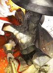  1boy abs armor azusa_(hws) belt biceps bulge cape fate/grand_order fate_(series) fire helmet holding leonidas_(fate/grand_order) male_focus muscle official_art polearm shield shirtless solo spear stone tattoo thighs thong upper_body veins weapon 