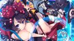  1girl aqua_eyes bangs bare_legs blue_eyes breasts cleavage closed_mouth eyebrows eyebrows_visible_through_hair fate/grand_order fate_(series) hair_ornament holding holding_paintbrush katsushika_hokusai_(fate/grand_order) ko_yu large_breasts looking_at_viewer paintbrush painting purple_hair smile socks solo tokitarou_(fate/grand_order) 