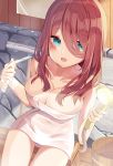  1girl aqua_eyes bare_shoulders blush breasts cleavage collarbone eyebrows_visible_through_hair go-toubun_no_hanayome hair_between_eyes highres holding_shower_head holding_sponge large_breasts looking_to_the_side mizuki_ryuu nakano_miku naked_towel open_mouth red_hair shower_head sitting solo sponge thighs towel 