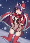  1girl bob_cut christmas eyeliner fate/grand_order fate_(series) fur-trimmed_hat gloves hat highres horns kngr418 makeup oni oni_horns purple_eyes purple_hair red_gloves red_headwear red_legwear red_scarf revealing_clothes santa_costume santa_hat scarf short_hair shuten_douji_(fate/grand_order) skin-covered_horns snow solo thighhighs winter 