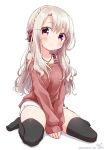  1girl bangs bare_shoulders black_legwear blonde_hair blush bow braid breasts clown_222 collarbone commentary_request eyebrows_visible_through_hair fate/kaleid_liner_prisma_illya fate_(series) grey_hair hair_bow illyasviel_von_einzbern jewelry long_hair looking_at_viewer necklace red_bow red_eyes red_sweater shorts simple_background small_breasts smile solo sweater thighhighs white_background white_shorts 