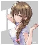  1girl ahoge alisia0812 arms_up bangs bow braid breasts brown_eyes brown_hair cleavage closed_mouth eyebrows_visible_through_hair from_side hair_bow hair_over_shoulder highres idolmaster idolmaster_shiny_colors jewelry kuwayama_chiyuki long_hair looking_at_viewer looking_to_the_side medium_breasts necklace pink_bow shirt short_sleeves signature single_braid smile solo two-tone_background upper_body white_shirt 