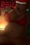  2019 absurd_res an_ancient anthro bedroom_eyes belly big_breasts bottomless bra breasts brown_bear brown_body brown_fur christmas christmas_tree clitoral_hood clothed clothing english_text female fur grizzly_bear hi_res holidays idi looking_at_viewer mammal narrowed_eyes overweight pussy red_eyes seductive solo spread_legs spreading text tree underwear ursid ursine 