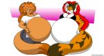  belly breasts cjshadorunner domestic_cat duo felid feline felis mammal obese one_eye_closed overweight pantherine smile tiger wink 