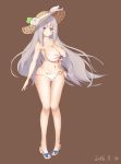  absurdres bikini blue_eyes blue_ribbon breasts covered_nipples flower hat highres huge_breasts lexington_(warship_girls_r) long_hair ribbon sandals silver_hair smiley_face standing straw_hat swimsuit toes very_long_hair warship_girls_r white_bikini white_flower white_footwear xj562615339 
