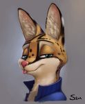  2019 anthro black_spots bust_portrait clothed clothing facial_markings felid feline fur green_eyes grey_background head_markings hi_res inner_ear_fluff looking_at_viewer mammal markings open_shirt pink_nose portrait s1m serval shirt simple_background smile solo spots spotted_body spotted_fur topwear tuft white_body white_fur yellow_body yellow_fur 