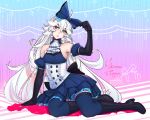  1girl black_gloves blue_bow blue_eyes blue_legwear boots borrowed_character bow camille_myriad_zentreza elbow_gloves english_commentary gloves hair_between_eyes hair_bow high_heel_boots high_heels long_hair original sitting solo thighhighs unsomnus very_long_hair white_hair zettai_ryouiki 