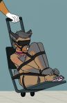  2019 anthro arms_tied blindfold bound canid canine canis collar disembodied_hand domestic_dog duo female hands_tied hi_res legs_tied mammal muzzle_(object) muzzled pink_nose purple_collar pussy sitting solo_focus thatguyssins toes_tied 