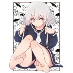  1girl bare_legs black_sailor_collar blue_eyes blush_stickers carrion1129 dress feet food_print highres konno_junko long_sleeves low_twintails mushroom_print sailor_collar sailor_dress sitting solo twintails white_hair white_neckwear zombie_land_saga 