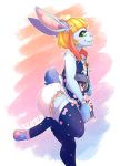  anthro blush clothing diaper female lagomorph legwear leporid looking_at_viewer mammal rabbit seamen smile solo stockings 