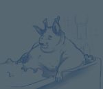  anthro antlers bath bathroom bathtub belly bubble bunnyhorns cervid eyes_closed fingers fur hand_on_stomach hooved_fingers horn inside male mammal monochrome moobs nipples nude obese obese_male overweight overweight_male sitting smile solo towel 