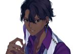  1boy arjuna_(fate/grand_order) black_eyes black_hair close-up dark_skin dark_skinned_male earrings face fate/grand_order fate_(series) highres jewelry male_focus ono_matope short_hair solo vest waistcoat wavy_hair 