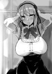  1girl absurdres bangs black_hairband blunt_bangs bow breasts candy commentary_request dagashi_kashi flower food frills greyscale hair_flower hair_ornament hairband hands_on_head high-waist_skirt highres in_mouth large_breasts looking_to_the_side megao_3rd monochrome ribbon ringed_eyes shidare_hotaru short_hair short_sleeves skirt suspender_skirt suspenders 