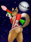  absurd_res bisexual bottomless butt canid canine canis christmas clothed clothing coyote female hi_res holidays male mammal moon public ranged_weapon rocket_launcher santa_claus smartwhitefang weapon 