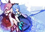  2girls :d bangs bare_shoulders blue_eyes blue_hair blue_ribbon blue_skirt bow_(weapon) breasts bubble building character_request cleavage closed_mouth commentary_request eyebrows_visible_through_hair fang hair_between_eyes hair_over_one_eye hair_ribbon hand_up heterochromia high-waist_skirt holding_hands hop_step_jumpers interlocked_fingers japanese_clothes long_sleeves medium_breasts multiple_girls nontraditional_miko nyori open_mouth pink_hair red_eyes red_ribbon red_skirt ribbon short_hair siblings sisters skirt smile twins weapon white_background wide_sleeves 