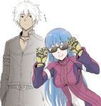  1boy 1girl armband belt black_eyes black_jacket blue_hair coelacanth_(gyotaku) cross cross_necklace eyebrows_visible_through_hair glasses hair_between_eyes jacket jewelry k&#039; kula_diamond long_hair necklace parted_lips simple_background smile sunglasses teeth the_king_of_fighters white_background white_hair zipper zipper_pull_tab 