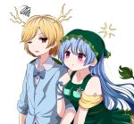  2girls :t adapted_costume anger_vein arm_hug bangs bare_shoulders blonde_hair blue_bow blue_hair blue_neckwear blue_ribbon blue_suit blush bow bowtie breast_pocket breasts commentary dragon_horns dress eyebrows_visible_through_hair flower formal green_dress haniyasushin_keiki head_scarf horns kicchou_yachie long_hair long_sleeves looking_at_another medium_breasts multiple_girls one_eye_closed pocket purple_eyes red_eyes ribbon short_hair simple_background squiggle suit swept_bangs symbol_commentary touhou upper_body v-shaped_eyebrows white_background wrist_ribbon yukome yuri 