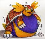  2002 ambiguous_gender armadillomon belly big_belly claws digimon digimon_(species) feral green_eyes hands_on_belly hi_res inflation mammal nick_bondra simple_background solo traditional_media_(artwork) white_background 