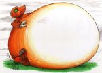  2013 agumon ambiguous_gender belly big_belly claws digimon digimon_(species) dinosaur green_eyes handprint hands_on_belly hi_res hyper hyper_belly inflation nick_bondra overweight reptile scalie simple_background solo theropod traditional_media_(artwork) 