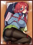  1girl ass black_legwear blue_cardigan blue_panties breasts cardigan closed_mouth go-toubun_no_hanayome green_skirt hair_between_eyes headphones headphones_around_neck highres large_breasts long_hair nakano_miku panties panties_under_pantyhose pantyhose red_hair rope sakura_yuki_(clochette) shibari skirt solo underwear 