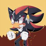  2013 angry anthro biped black_body black_fur blush clenched_teeth clothing egg eulipotyphlan fist food_on_face fur gloves handwear hedgehog japanese_text male mammal red_body red_eyes red_fur root8beat shadow_the_hedgehog shaking simple_background solo sonic_the_hedgehog_(series) standing teeth text yellow_background 