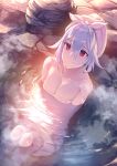  1girl bangs bare_shoulders bathing blush breasts cleavage closed_mouth collarbone fate/grand_order fate_(series) hair_between_eyes highres knees_up large_breasts long_hair looking_at_viewer naked_towel onsen red_eyes rock silver_hair sitting smile solo soupchan tomoe_gozen_(fate/grand_order) towel towel_on_head water 
