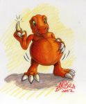  2002 agumon anthro belly big_belly claws digimon digimon_(species) dinosaur feral green_eyes hands_on_belly hi_res male nick_bondra overweight reptile scalie simple_background solo theropod traditional_media_(artwork) vore 