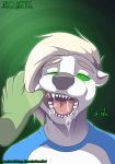  anthro bangs blonde_hair bodily_fluids cheek_pull clothed clothing dialogue disembodied_hand finger_in_mouth fur hair hypnosis lutrine male mammal milo_nettle mind_control mustelid open_mouth saliva signature simple_background slink_(character) spiral_eyes teeth throat tongue white_body white_fur 
