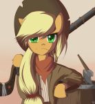  anthro anthrofied applejack_(mlp) axe barrel blonde_hair clothing cowboy_hat crossover earth_pony equid equine female friendship_is_magic green_eyes gun hair hat headgear headwear hi_res horse jacket long_hair mammal melee_weapon mricantdraw my_little_pony pony ranged_weapon rifle scarf solo team_fortress_2 topwear valve video_games weapon 