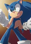  2013 anthro blue_body blue_fur brown_background clothing eulipotyphlan fur gloves gradient_background green_eyes handwear hedgehog male mammal open_mouth open_smile root8beat simple_background smile solo sonic_the_hedgehog sonic_the_hedgehog_(series) standing 