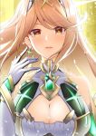  1girl arm_guards bangs blonde_hair blush breasts cleavage cleavage_cutout closed_mouth earrings elbow_gloves eyebrows_visible_through_hair floating_hair gem glint gloves glowing hikari_(xenoblade_2) impossible_clothes jewelry large_breasts long_hair looking_at_viewer shoulder_armor smile solo swept_bangs takatun223 upper_body xenoblade_(series) xenoblade_2 yellow_background yellow_eyes 