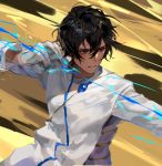  1boy arjuna_(fate/grand_order) black_eyes black_hair bow_(weapon) chyoel dark_skin dark_skinned_male drawing_bow energy_beam fate/grand_order fate_(series) gloves highres long_sleeves male_focus solo weapon white_gloves 