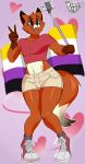  belly_shirt bottomwear canid canine cellphone clothing creamygravy flag fox hi_res lgbt_pride mammal midriff navel nonbinary_pride_colors peace_sign_(disambiguation) phone pride_colors selfie_stick shorts simple_background smile solo 