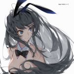  1girl :&gt; animal_ears bare_shoulders black_bow black_hair black_neckwear blue_eyes bow bowtie breasts bunny_ears bunnysuit cleavage closed_mouth detached_collar fake_animal_ears hair_ornament hairband hairclip highres large_breasts long_hair looking_away looking_to_the_side sakurajima_mai seishun_buta_yarou simple_background smile sola7764 solo strapless upper_body white_background 