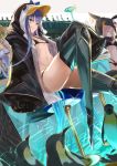  3girls animal_hood bangs bikini bird black_bikini black_jacket blue_bow blue_eyes blush bow breasts choker fate/grand_order fate_(series) greaves hood hood_up jacket licking_lips long_hair looking_at_viewer meltryllis meltryllis_(swimsuit_lancer)_(fate) multiple_girls navel open_clothes open_jacket penguin penguin_hood prosthesis prosthetic_leg sitting sleeves_past_fingers sleeves_past_wrists small_breasts smile swimsuit tongue tongue_out yatsuka_(846) 