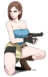  1girl bad_proportions boots breasts brown_hair butcha-u casual cleavage clothes_around_waist fingerless_gloves flat_color gloves grey_eyes gun handgun highres jill_valentine large_breasts one_knee pencil_skirt pistol resident_evil resident_evil_3 revision short_hair skirt solo strapless sweater_around_waist weapon white_background 