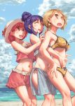  3girls beach bikini blonde_hair blush closed_eyes cowboy_shot enjinedison fang hair_bun hat highres hinata_yukari hug hug_from_behind ichii_yui multiple_girls nonohara_yuzuko open_eyes open_mouth pink_hair purple_hair sarong summer sun_hat sweatdrop swimsuit tied_hair yellow_bikini yuyushiki 