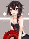  1girl :d ahoge bare_shoulders black_hair blue_eyes blush braid breasts character_name cleavage enemy_lifebuoy_(kantai_collection) hair_between_eyes hair_over_shoulder kantai_collection long_hair looking_at_viewer nerua open_mouth remodel_(kantai_collection) sailor_swimsuit shigure_(kantai_collection) single_braid smile 