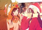  3girls adjusting_headwear animal_costume bell christmas christmas_tree hat idolmaster idolmaster_shiny_colors kuwayama_chiyuki lens_flare multiple_girls oosaki_amana oosaki_tenka outside_border reindeer_costume santa_hat sohin 