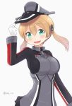  1girl :d ahenn aqua_eyes blonde_hair eyebrows_visible_through_hair hair_between_eyes hat kantai_collection long_hair low_twintails military military_uniform open_mouth peaked_cap prinz_eugen_(kantai_collection) smile solo twintails twitter_username uniform 