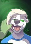  anthro bangs blonde_hair cheek_pull clothed clothing dialogue disembodied_hand finger_in_mouth fur hair hypnosis lutrine male mammal milo_nettle mind_control mustelid open_mouth signature simple_background slink_(character) spiral_eyes teeth throat tongue white_body white_fur 