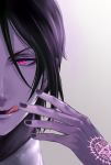  1boy bangs black_hair black_nails demon grey_background highres kashi_(boyishcao) kuroshitsuji licking licking_lips looking_at_viewer male_focus open_mouth portrait red_eyes sebastian_michaelis short_hair simple_background slit_pupils solo tongue tongue_out upper_body 