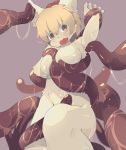  anthro blonde_hair blush breasts domestic_cat eipon_tarou featureless_breasts felid feline felis female fur grope hair hi_res kemono mammal nude open_mouth purple_background restrained simple_background slime tentacle_monster tentacles wet yellow_body yellow_fur 