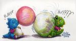  2002 3_fingers 3_toes belly big_belly bob_(bubble_bobble) bub bubble bubble_bobble bubble_dragon dinosaur duo fingers hi_res hyper hyper_belly inflation nick_bondra reptile scalie simple_background size_difference taito text toes traditional_media_(artwork) white_background 