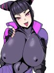  1girl black_bodysuit black_hair bodysuit breasts covered_navel covered_nipples double_bun han_juri huge_breasts jacket magenta_eyes megane_man naughty_face navel nipples open_clothes open_jacket purple_jacket solo street_fighter street_fighter_v tongue tongue_out white_background 
