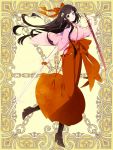  1girl black_hair bow brown_footwear commission full_body hair_bow hair_ornament holding holding_sword holding_weapon japanese_clothes kerberos_blade kimono l_(matador) long_hair long_legs looking_at_viewer sheath simple_background solo sword tasuki very_long_hair weapon wide_sleeves yellow_background 