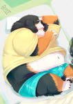  2018 ambiguous_gender anthro bed belly bernese_mountain_dog bird&#039;s-eye_view bulge canid canine canis chest_tuft clothing domestic_dog duo erection erection_under_clothing eyes_closed furniture high-angle_view looking_at_bulge male male/ambiguous mammal midriff molosser mountain_dog navel obese overweight pillow shirt sleeping solo_focus swiss_mountain_dog topwear totemoii_029 tuft underwear unknown_species 