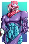  1girl biomechanical blonde_hair claws crossover fusion_suit highres long_tongue metroid metroid_(creature) metroid_fusion muscle muscular_female purple_eyes samus_aran sharp_teeth spikes symbiote teeth tongue tube venom_(marvel) xmrnothingx 